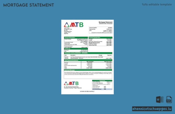 Beispiel eines Hypothekenauszugs der Myanmar Tourism Bank (Word- und PDF-Datei)